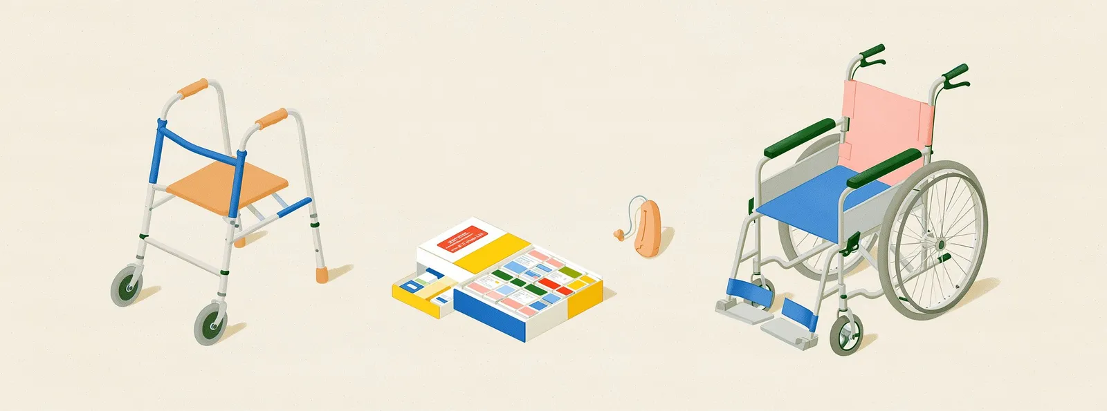 Illustration: Rollator, Pflegebox, Hörgerät und Rollstuhl nebeneinander auf hellem Grund.