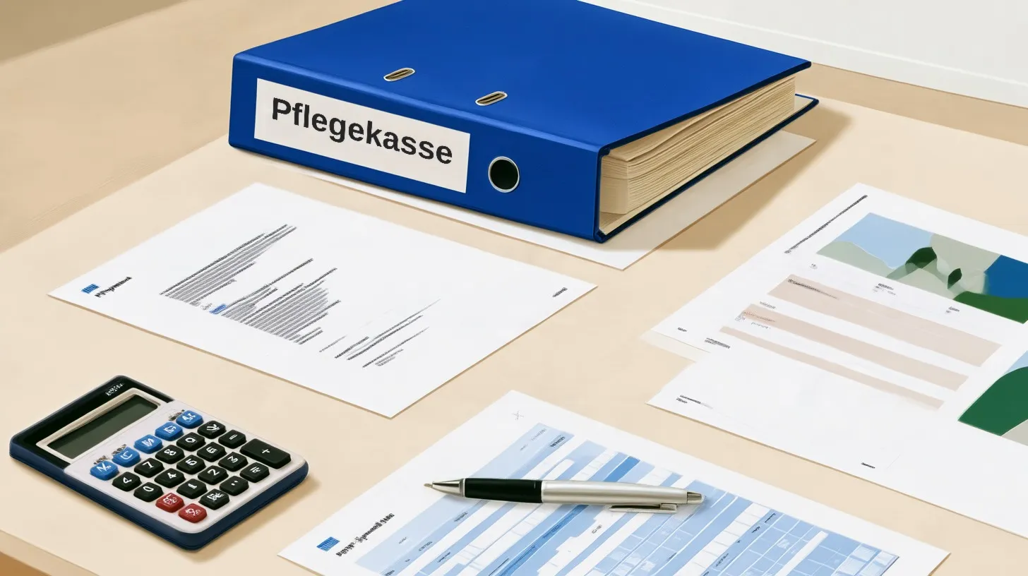 Blauer Aktenordner mit der Aufschrift Pflegekasse auf einem Schreibtisch, daneben Unterlagen, Taschenrechner und Kugelschreiber.